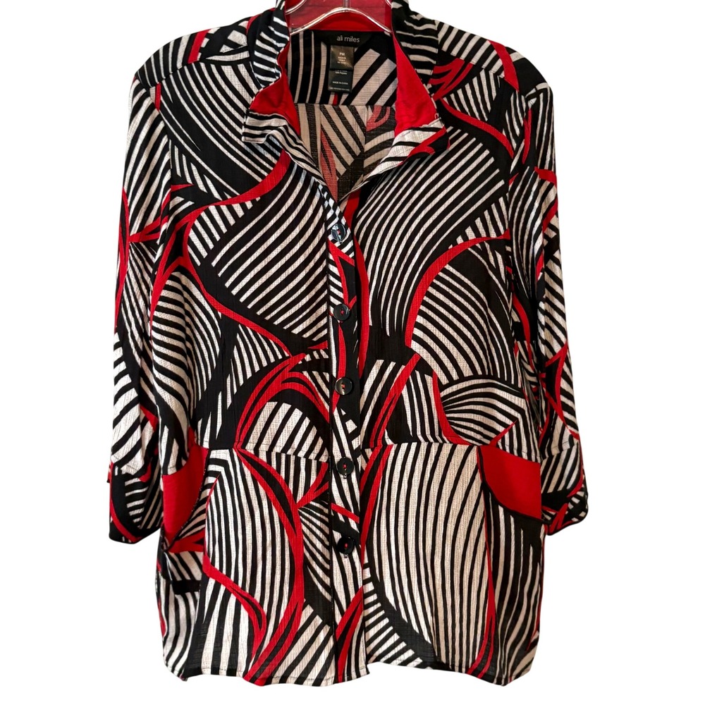 NWT Ali Miles Red Black and White Lightweight Abstract Print Arty Blouse Size PM